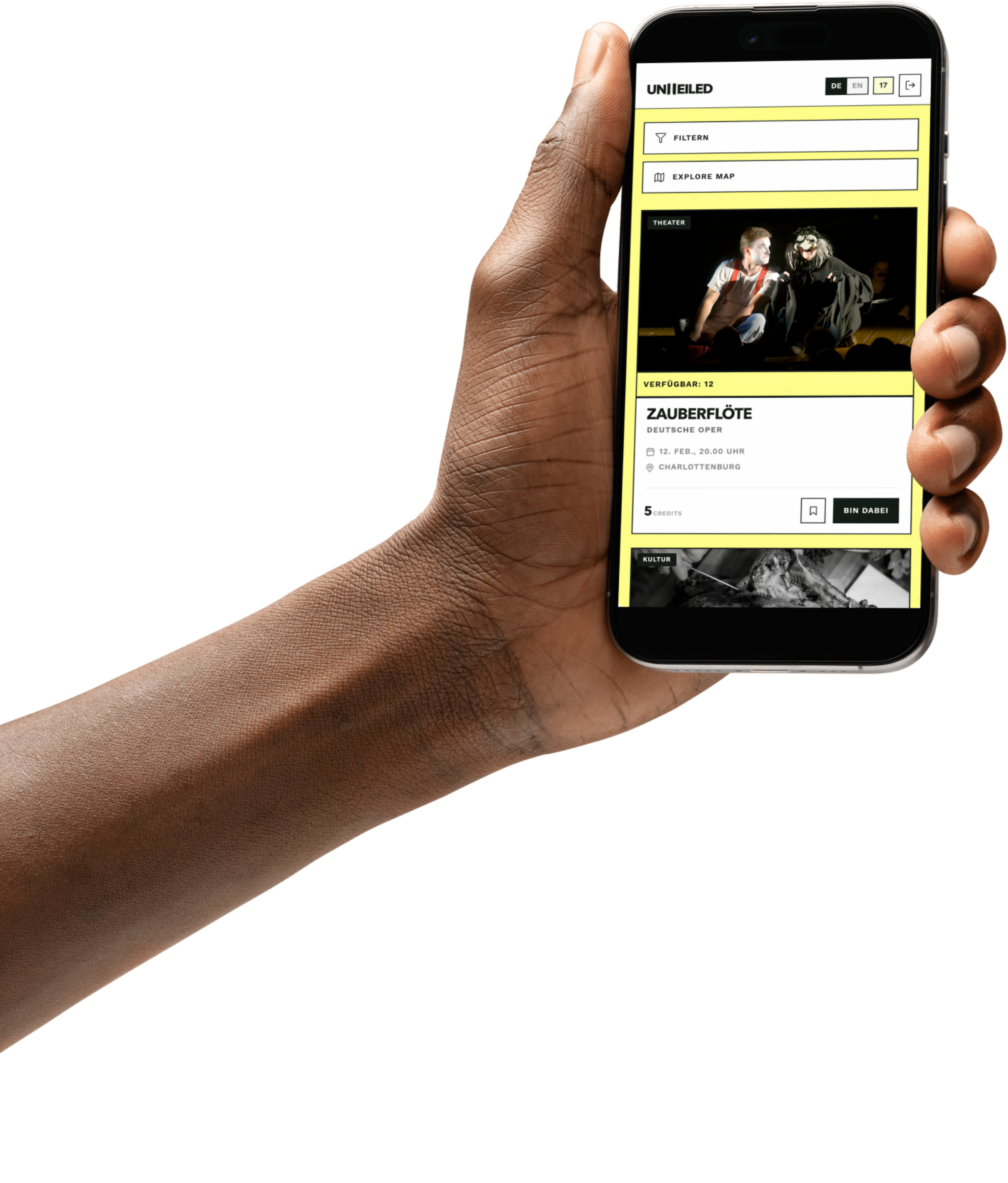 Hand mit unveiled App: Event-Übersicht in Berlin spontan buchen